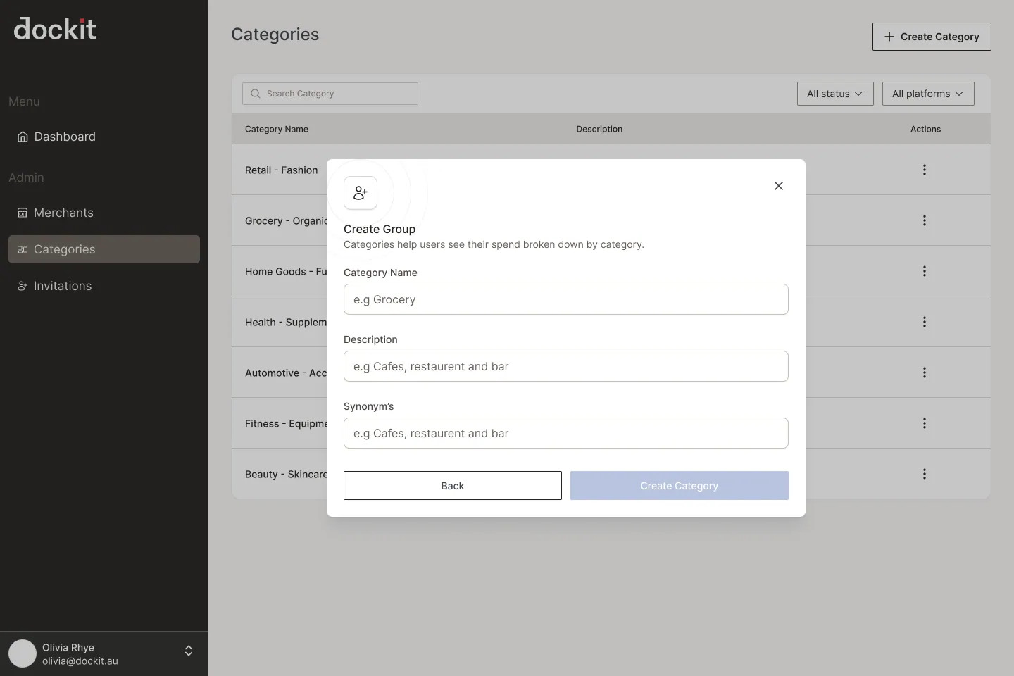 Dockit merchant console category management