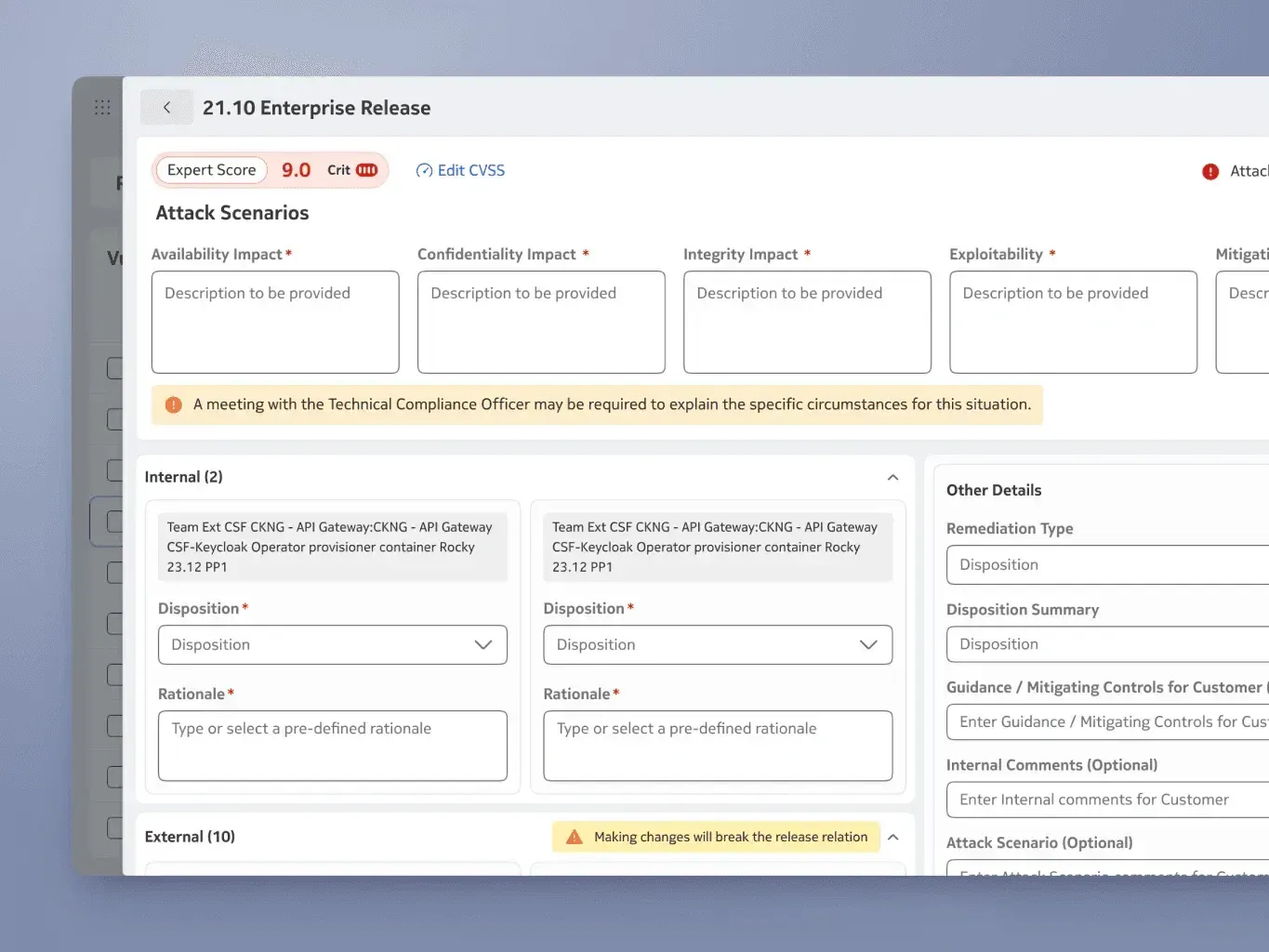 Enterprise release assessment form for attack scenarios, impact, and mitigation details