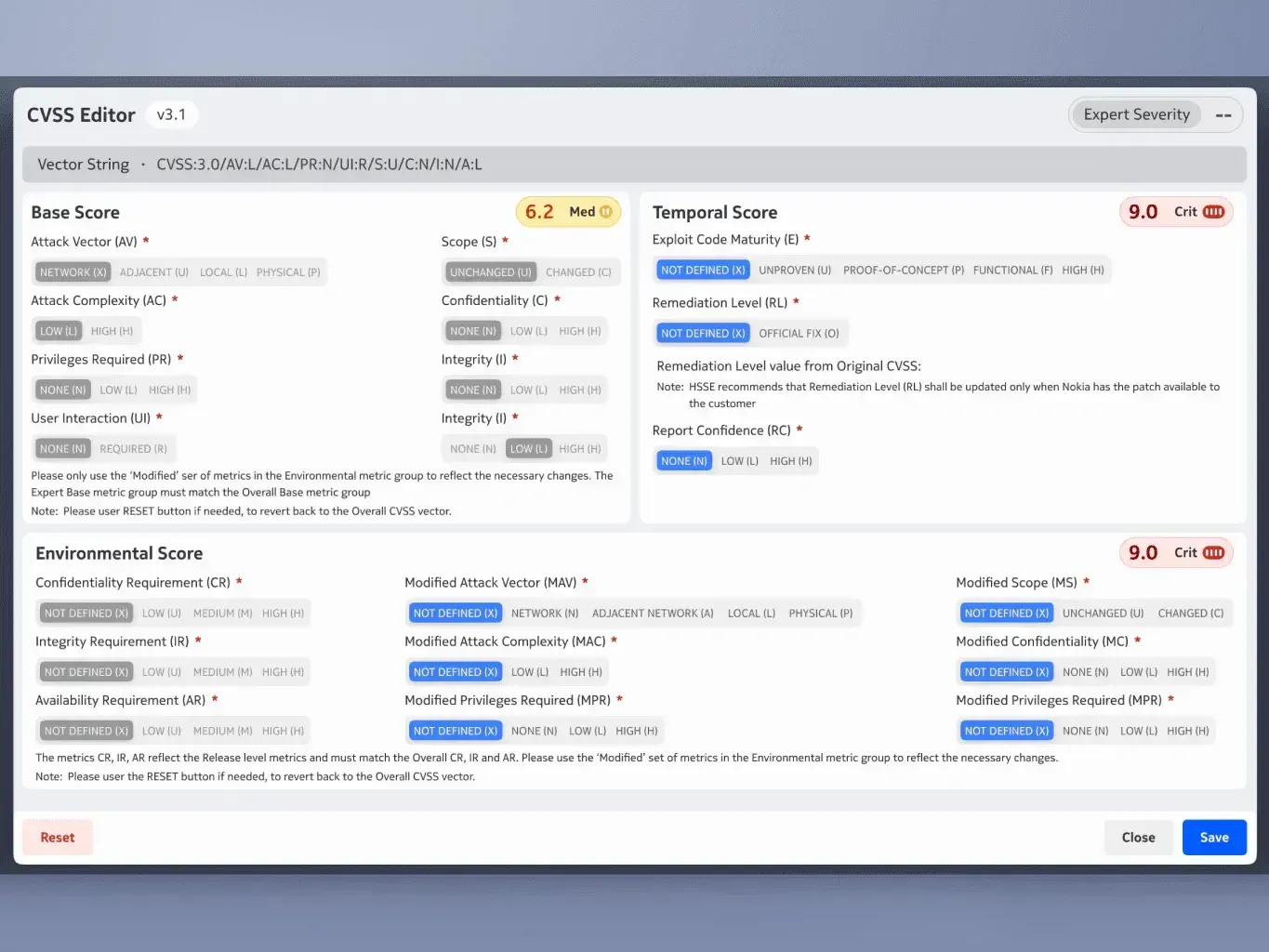 CVSS editor showing base, temporal, environmental, and modified scores for a vulnerability