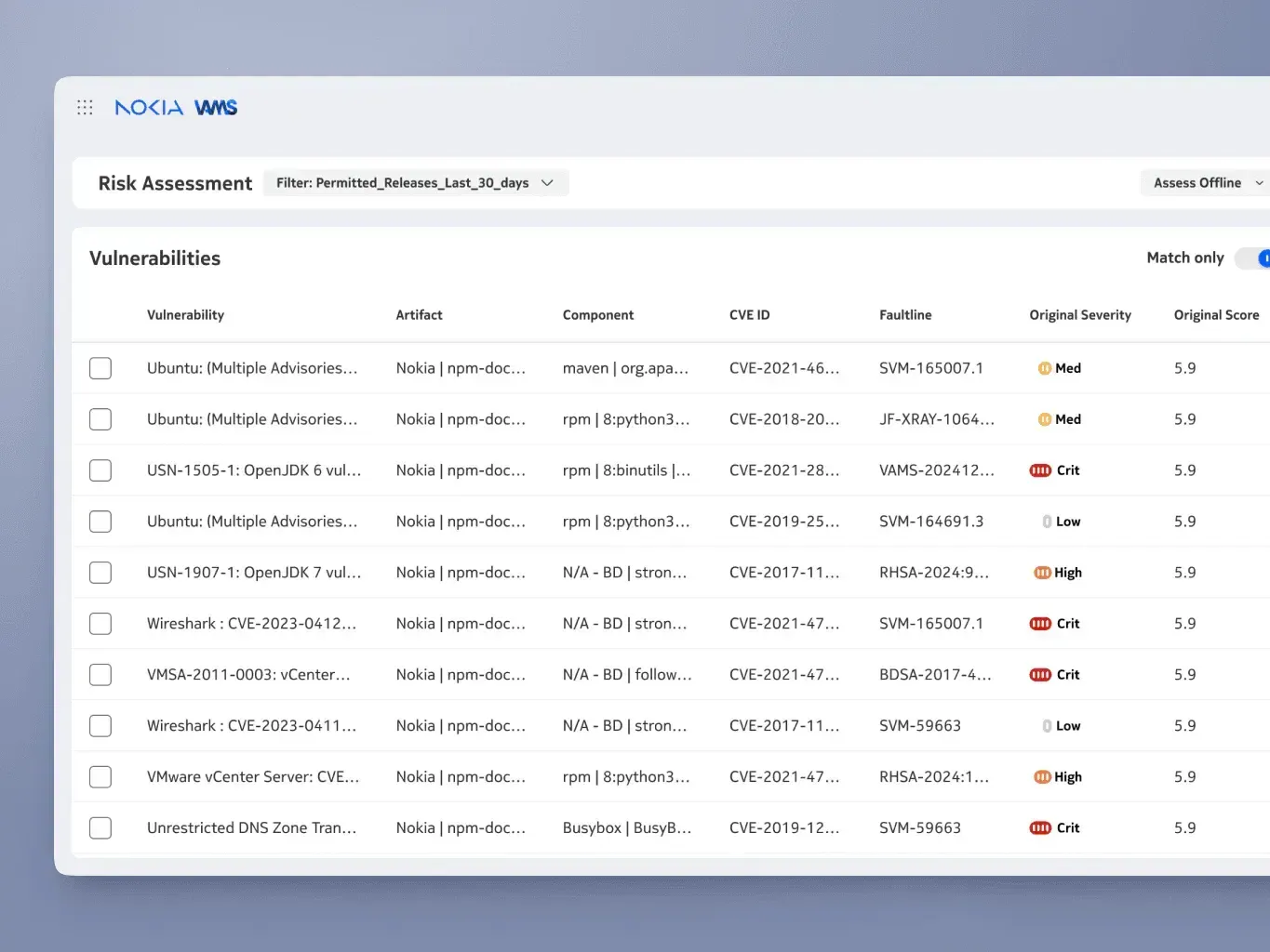 Nokia risk assessment dashboard listing vulnerabilities and their severity scores