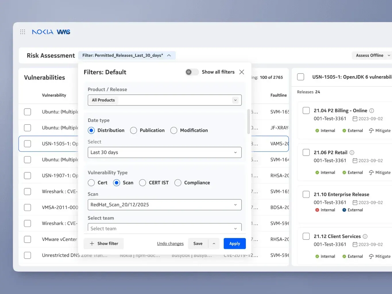 Nokia vulnerability risk assessment interface with search and filter controls open